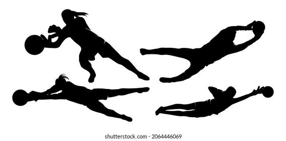 Set isolated Silhouette of female goalkeeper jumping to save goal. Female goalie during the save of a shot. Vector illustration.