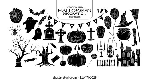 Set of isolated silhouette Halloween decoration in 37 pieces. Cute hand drawn haunted theme vector illustration in white outline and black plane on white background.