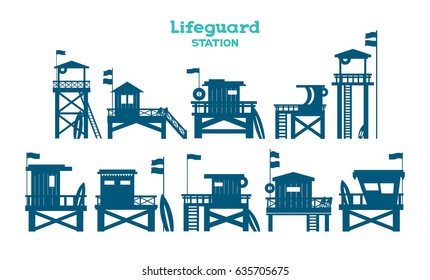 Set with isolated silhouette of lifeguard stations on a white background. Vector illustration with lifeguard towers.