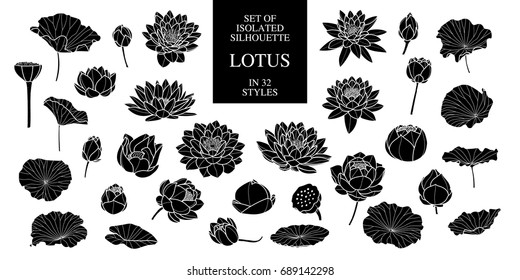Set of isolated silhouette lotus in 32 styles. Hand drawn style. Vector illustration.