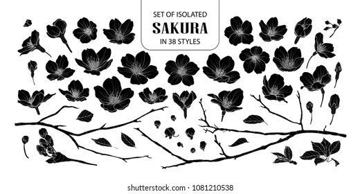 Set of isolated silhouette sakura in 38 styles. Cute hand drawn flower vector illustration in white outline and black plane on white background.