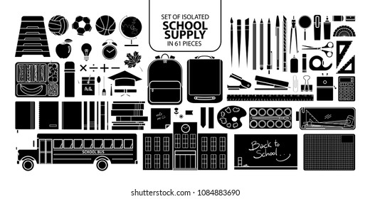 Set of isolated silhouette school supply in 61 pieces. Cute objects vector illustration in white outline and black plane on white background.