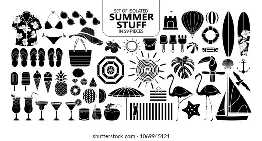 Set of isolated silhouette summer stuff in 59 pieces. Cute vector illustration elements for holiday in white outline and black plane on black background.