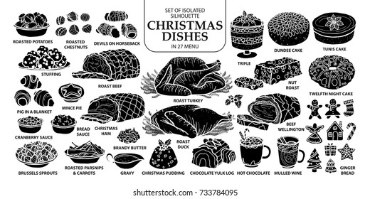 Set of isolated silhouette traditional Christmas dishes in 27 menu. Cute hand drawn vector illustration in white outline and black plane on white background.