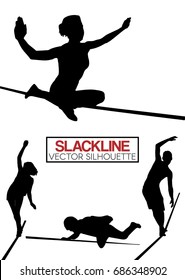 Set of isolated silhouettes balancing on slackline rope walker