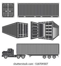 Set Of Isolated Silhouettes Of Containers. Transportation Logistics . Cargo Truck With The Container. Open Container.