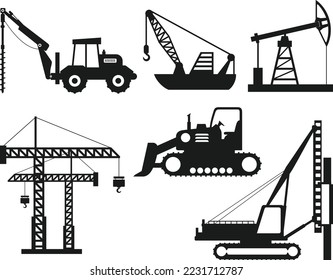 Set of isolated silhouettes of hoisting cranes on white background