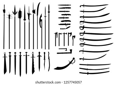 Set of isolated silhouettes of various medieval edged weapons. Image isolated on white background