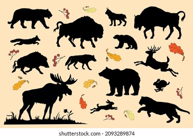 a set of isolated silhouettes of wild forest animals, isolated on a colored background with leaves and berries 