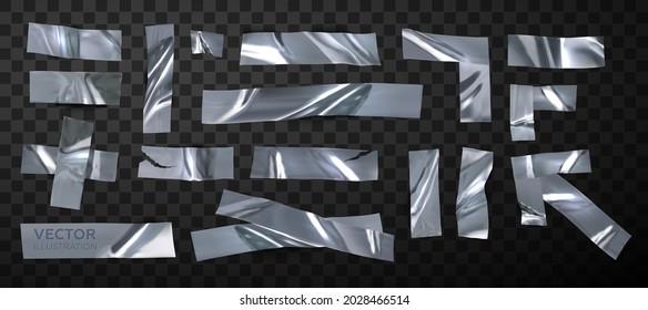 Set of isolated silver tape on a transparent background. Realistic pieces of silver scotch tape for attaching. Realistic 3D vector illustration.	