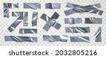 Set of isolated silver tape, scotch on a transparent background. Realistic pieces of silver scotch tape for attaching. Realistic vector illustration.	
