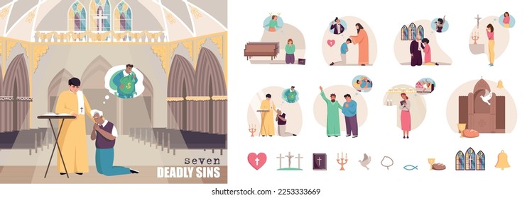 Set with isolated sin religion flat compositions of priest characters absolving praying sinners of their sins vector illustration