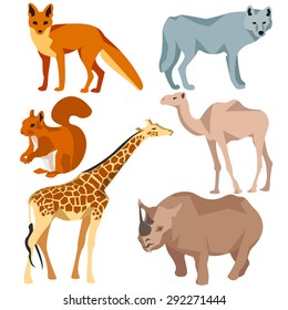 Set Isolated six colored animals fox, wolf, squirrel, rhinoceros, camel, giraffe. Animals and nature. In flat polygon style design for applications and websites. Vector illustration