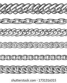 Set of isolated sketch for chain connection types. Metal bonded link. Steel bond or connected metallic rings. Closeup or mockup of industrial or bike chains. Clipping and industrial, roller theme