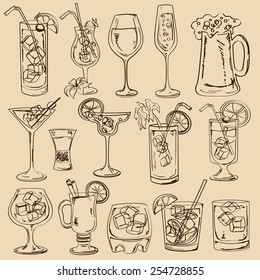 Set of isolated sketch cocktails, beer and wine