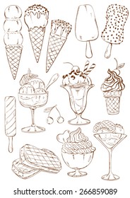 Set of isolated sketch ice cream icons on a white background. 