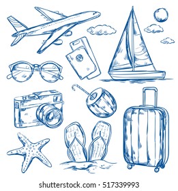 Set of isolated sketch images of travel accessories tourist goods plane and yacht on blank background vector illustration