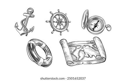 Set of isolated sketch of sea equipment. Ocean compass and vintage map, hand drawn ship or boat steering wheel and anchor, lifebuoy. Hand drawn sailing or pirate icon. Navigation and nautical theme