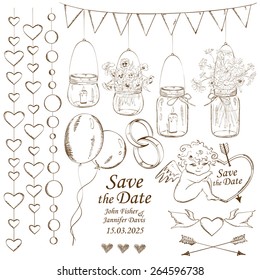 Set of isolated sketch wedding decoration design elements