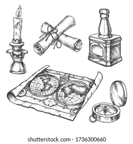 Set of isolated sketches of candle and vintage world map, stamp or seal, scroll or manuscript, compass and inkwell, parchment. History and education, pirate and treasure, sea and ocean, navigation