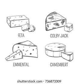 Set of isolated sketches for cheese food. Sliced feta and colby jack, porous french emmental and camembert with holes. Nutrition and food, snack and meal, appetizer and vegetarian gourmet theme