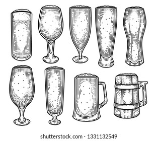 Set of isolated sketches of glassware or ceramic beer mug or cup. Drink with foam or alcohol beverage in jug or tankard. Tavern goblet with ale or lager, porter. Bar and restaurant, oktoberfest theme