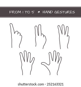 Set of isolated sketches of hands with count from 1 to 5 by fingers. Vector outlined doodle icons for numeration any items for use in design of advertisement, flyer, banner, step process, etc. 
