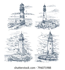 Set of isolated sketches with lighthouse near warehouse or keeper house, clouds and seagulls. Island with rocks and searchlight, beacon building for sea or ocean travel route beam. Marine theme