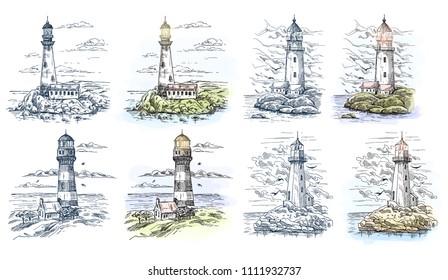 Set of isolated sketches of lighthouse at sea or ocean shore with house keeper, helmsman warehouse and rocks, birds. Old beacon for night light. Sailor and hazard, harbor and nautical theme