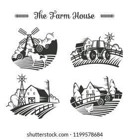 Set of isolated sketches of village panorama or ranch landscape with barn and field, hen and cow, farm scenery with mill and tractor. Agriculture and countryside, livestock and farming, animal theme