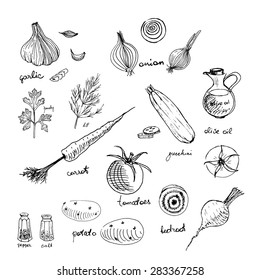 Set of isolated sketchy style vegetables/ Doodle vegetables in black and white/ Vector illustration