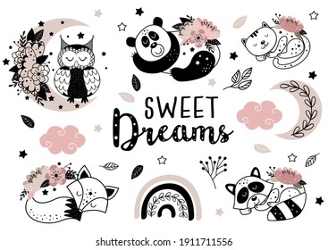 set of isolated sleeping animals with flowers
