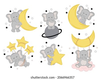 set of isolated sleeping elephants with moon and stars