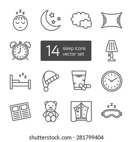 Set of isolated sleeping thin lined outlined icons. Vector signs for design of apps, interfaces, web sites, banners, presentations, etc.