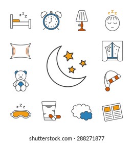 Set of isolated sleeping thin lined outlined icons. Vector signs for design of apps, interfaces, web sites, banners, presentations, etc.