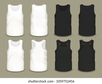 Set of isolated sleeveless male sport shirts or men top apparel. Mockup of guy t-shirt sportswear. Front and back side of cloth. Realistic and volumetric undershirt. Menswear and fashion theme
