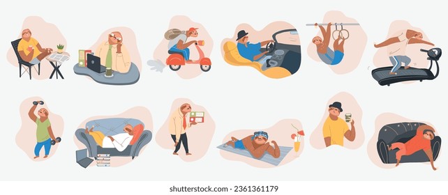 Set of isolated sloth laziness concept compositions with flat characters of human like sloths different situations vector illustration