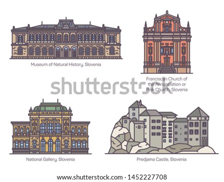 Set of isolated Slovenia monuments and buildings. National history museum and Pink or Franciscan church of Annunciation, Ljubljana Gallery and Predjama castle. Architecture and sightseeing, tourism