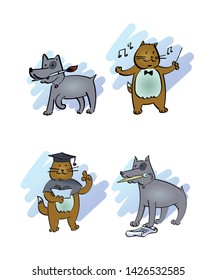 Set of Isolated Smart Cat and Dog Cartoon 