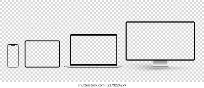 Un conjunto de dispositivos inteligentes aislados con pantalla en blanco: smartphone, tablet, laptop y escritorio con fondo transparente. 