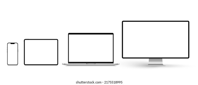 Un conjunto de dispositivos inteligentes aislados con pantalla en blanco: smartphone, tablet, laptop y escritorio con fondo blanco. Ilustración vectorial libre de regalías de acciones