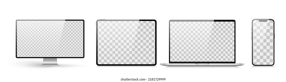 A set of isolated smart devices with blank screen: smartphone, tablet, laptop and desktop. Stock royalty free vector illustration