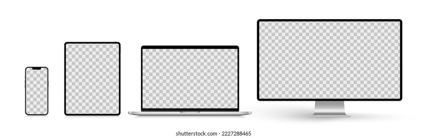 A set of isolated smart devices with blank screen: smartphone, tablet, laptop and desktop. Stock royalty free vector illustration