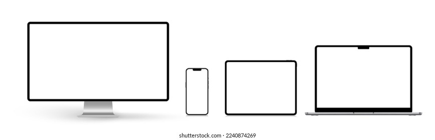 A set of isolated smart devices with blank screen: desktop, smartphone, tablet and laptop. Stock royalty free vector illustration