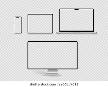 Un conjunto de dispositivos inteligentes aislados con pantalla en blanco: smartphone, tablet, laptop y escritorio. Ilustración vectorial libre de regalías de acciones.