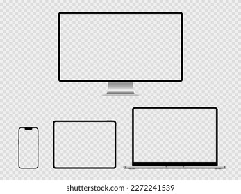 A set of isolated smart devices with blank screen: smartphone, tablet, laptop and desktop. Stock royalty free vector illustration	