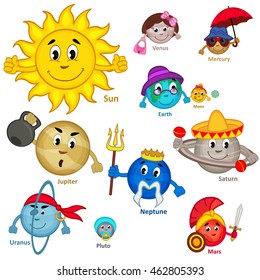 set of isolated smiling planet of solar system - vector illustration, eps 
