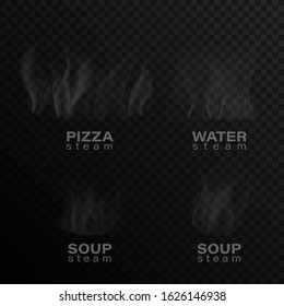 Set of isolated smoke for food on a transparent background. White steam from food, pizza, water, soup. Vector illustration set