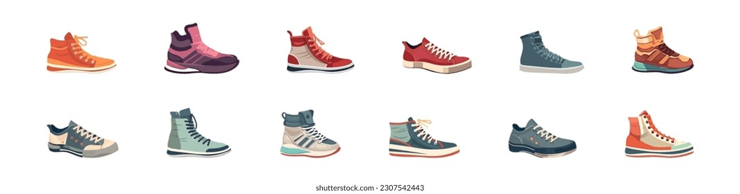 Set of isolated sneakers on white background, vector flat illustration