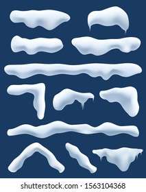 Set of Isolated snow cap. Snowy elements on dark background. Realistic vector image